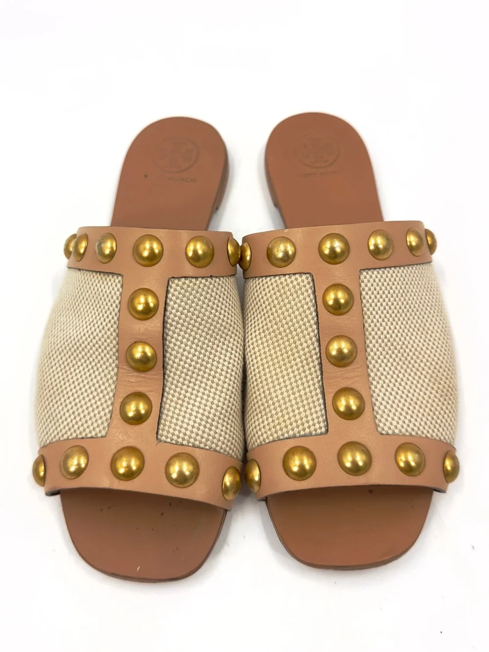 Tory Burch Blythe Slide Sandals Size 6 Neutral Tan Leather Gold Studded Beachy